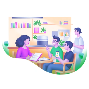 A cozy café interior filled with warm lighting and inviting wooden furniture. Several people are seated around small tables engaged in conversation, practicing different languages. One table features a woman with curly hair speaking enthusiastically to a man with glasses while pointing at a notebook. Another table has two friends, one sharing a phone displaying language learning apps. In the background, a barista prepares coffee behind the counter, and a shelf filled with books on various languages is visible on the wall. Decorative plants add a touch of greenery to the scene.