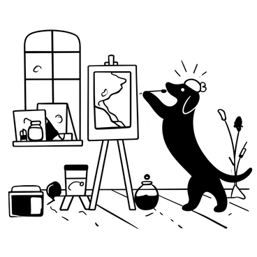 A dachshund wearing a beret is standing on its hind legs in a sunny studio. The dog is holding a paintbrush in its mouth and is applying paint to a canvas that is set up in front of it. The studio has various art supplies scattered around, including jars of paint and brushes. Sunlight streams through a window, casting shadows on the wooden floor. There are also a few finished paintings leaning against the wall.