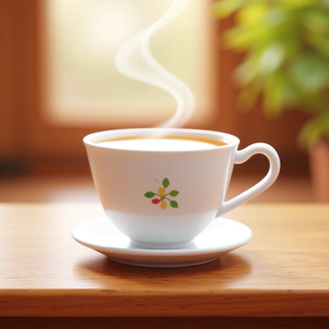 A steaming cup of tea placed on a wooden table. The cup is white with a delicate floral pattern. Wisps of vapor rise gracefully into the air from the hot tea, creating a soft, swirling effect. The table has a rustic texture, with visible wood grain. A small saucer sits beneath the cup, complementing the overall arrangement. In the background, there are hints of warm, natural light illuminating the scene.