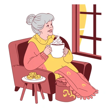 An elderly lady wearing a thick knit sweater while sipping hot cocoa