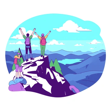 A group of hikers, dressed in colorful outdoor gear, stands triumphantly at the peak of a rugged mountain. The hikers are positioned near a rocky outcrop, with one of them raising their arms in celebration. Below them, a vast landscape unfolds, featuring rolling hills and a shimmering lake in the distance. Fluffy white clouds drift across a bright blue sky, adding contrast to the scene. The sunlight casts shadows on the rocky terrain, highlighting the textures of the mountain.