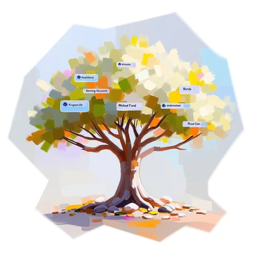 A large, sturdy tree with a thick trunk and an expansive canopy, its branches sprawling out in various directions. Each branch is labeled with different types of investments and savings, such as "Stocks," "Bonds," "Real Estate," "Savings Account," "Mutual Funds," and "Retirement Fund." The leaves of the tree are lush and green, symbolizing growth and prosperity. The ground beneath the tree is dotted with small stones and patches of grass, creating a natural setting that emphasizes the importance of financial knowledge and planning.