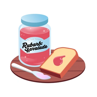 A jar filled with "rhubarb marmalade" sits on a wooden table. The jar has a shiny metallic lid and features an intricate label that reads "Rhubarb Marmalade". Next to the jar is a slice of "golden-brown bread" that is slightly toasted, with a gentle sheen on its surface. A small butter knife rests beside the bread, glistening with a layer of the "rhubarb marmalade" ready for spreading. The background is softly blurred, emphasizing the jar and the slice of bread in the foreground.