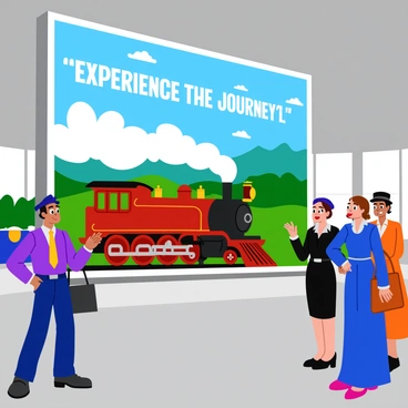 A retro poster advertising "luxury train travel" is prominently displayed in a bustling train station. The poster features an elegant steam locomotive depicted in rich colors, showcasing its polished metal and intricate details. Surrounding the train are dreamy landscapes, including rolling hills and distant mountains, with stylized clouds overhead. The text on the poster reads "Experience the Journey" in bold, vintage typography. Passengers in period clothing, such as suits and dresses, can be seen admiring the poster as they wait for their train. The overall atmosphere conveys a sense of nostalgia and excitement for adventure.