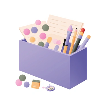 A digital flat illustration showcasing a virtual toolbox prominently at the center. The toolbox is a bright blue with a glossy finish and is slightly open, revealing a collection of colorful icons representing various digital illustration tools. There are round brushes in shades of pink, green, and blue, as well as a selection of pencils in yellow and orange. Next to them, there are icons of a color palette with vibrant hues, an eraser symbol, and a stylus pen. In the background, there are subtle outlines of a canvas and layers, hinting at a digital workspace. Each icon is detailed and distinct, showcasing the diversity of tools available for digital illustration.