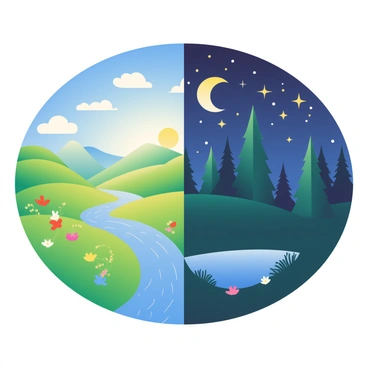 A vibrant landscape illustration is split down the middle. On the left side, it depicts a bright daytime scene with a clear blue sky filled with fluffy white clouds. The sun is shining brightly, casting warm light over rolling green hills dotted with colorful wildflowers. A small stream flows gently through the lush landscape, reflecting the sunlight. 

On the right side, the scene transitions into nighttime. The sky is a deep indigo, filled with twinkling stars and a glowing crescent moon. Silhouettes of tall pine trees stand against the night sky, while glowing fireflies dance around the darkened area. A small, calm lake mirrors the starry sky, creating a serene contrast with the bright day on the left.