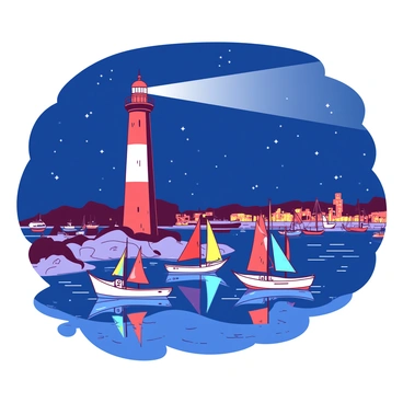 A lighthouse guiding boats safely into a bustling harbor at night