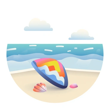 A close-up of a colorful guitar pick is resting on a sandy beach. The pick has a vibrant design featuring shades of blue and orange. In the background, gentle ocean waves are rolling onto the shore, creating a foamy white edge where the water meets the sand. The beach has fine grains of light tan sand, and small seashells are scattered around the pick. The sky above is dotted with a few fluffy white clouds, adding depth to the scene.