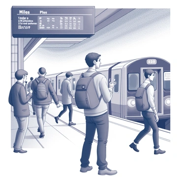A young man named Miles is standing at a busy subway station. He is wearing casual attire, with headphones over his ears, listening to music. His expression is focused yet relaxed as he glances at the electronic train schedule display above. Surrounding him are various commuters, some rushing past while others are waiting nearby. The platform is bustling with activity, and the architecture of the subway station includes tiled walls and metal beams. A train can be seen pulling into the station, adding to the atmosphere of movement and anticipation.