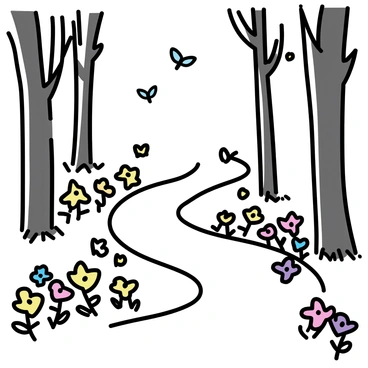 A forest path winding through tall trees, with sunlight filtering through the leaves. The ground is covered with vibrant wildflowers in various colors, including yellow, purple, and red. The path is dirt, clearly defined, with wildflowers lining both sides, creating a colorful border. A few butterflies can be seen fluttering among the flowers.