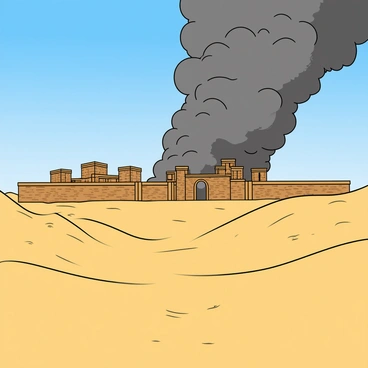 A vast desert landscape with rolling dunes under a bright blue sky. In the distance, a dark, ominous sandstorm is forming, with swirling clouds of golden and brown sands rising high into the atmosphere. The storm appears to be advancing towards the ancient city of Nineveh, characterized by its distinctive brick walls and towering structures. The buildings of Nineveh are partially silhouetted against the storm, with details of ornate gateways and high towers becoming less distinct as the sandstorm approaches. Small gusts of wind create ripples in the sand, adding a sense of movement to the scene.