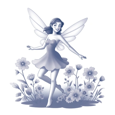 A fairy is depicted with delicate wings resembling flower petals. She is gracefully dancing among a variety of blooming flowers, which vary in size and shape. The fairy has a joyful expression, and her arms are outstretched as she twirls. The scene includes a rich assortment of flowers, with some bending slightly as if responding to her movement. The background features lush foliage, adding depth to the enchanted environment.