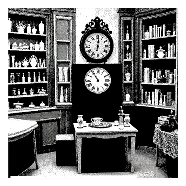 A quaint antique store is filled with a variety of vintage trinkets and decor. There are ornate wooden shelves lined with delicate porcelain figurines and old glass bottles. An intricate clock with Roman numerals is prominently displayed on one shelf. A large, weathered trunk stands at the center, surrounded by stacks of books with faded covers. A vintage mirror hangs on the wall, reflecting the scene. A small table is adorned with a collection of mismatched teacups and a delicate lace tablecloth. The floor is made of dark wooden planks, adding to the nostalgic atmosphere.