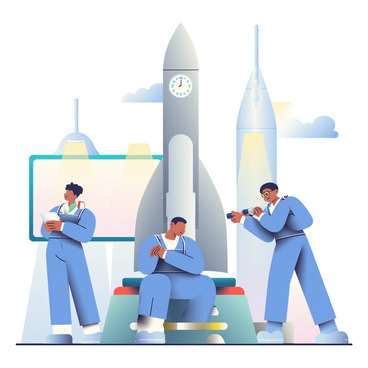 A team of engineers in blue jumpsuits is gathered around a large silver rocket on a launch pad at a space facility. One engineer, with short black hair, is checking a clipboard while another, wearing glasses, adjusts a control panel on the rocket's side. A third engineer is using a tool to secure a panel at the base of the rocket. In the background, several large structures of the facility are visible, along with bright floodlights illuminating the scene. The sky is clear with a few scattered clouds, and a large countdown clock can be seen on a nearby screen.