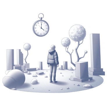A figure dressed in futuristic clothing stands in a surreal landscape. The ground is a mix of ancient ruins and modern structures, creating a contrasting environment. A clock with melting numbers hangs in the sky, symbolizing the distortion of time. In the distance, trees are intertwined with metallic elements, showing a blend of nature and technology. The atmosphere appears dreamlike with unusual shapes and forms scattered throughout the scene, hinting at a collision of different eras.