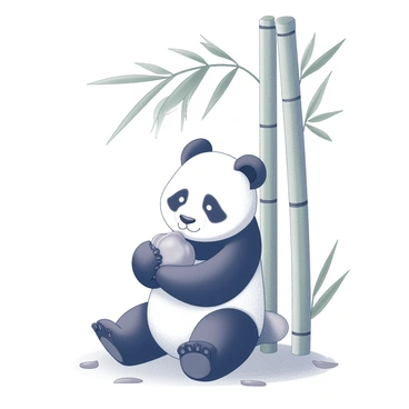 A panda holding a bun while sitting under a bamboo tree