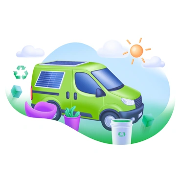 A green delivery car is parked, showcasing its sleek design. The car features solar panels mounted on the roof, glistening under the light. Surrounding the car are various eco-friendly elements, including potted plants and a recycling bin. There is a bright blue sky in the background, enhancing the environmentally friendly theme. The scene conveys a message of sustainability and green transportation.