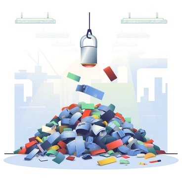 An electromagnet with a shiny metallic finish is suspended above a large pile of assorted metal scraps in a recycling facility. The pile consists of twisted metal pieces, old car parts, and sheets of varying sizes, all covered with a layer of grime. The electromagnet is actively lifting several pieces of scrap metal, creating a slight separation between them and the main pile. The background features the outlines of large industrial machinery and scattered tools, adding to the environment of a busy recycling center. The space is illuminated by overhead fluorescent lights, casting distinct shadows on the floor.