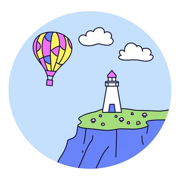 A colorful hot air balloon floats gently through the sky. The balloon has a vibrant patchwork design of red, yellow, and blue. Below, a tall lighthouse stands firmly on a rocky cliff. The lighthouse is painted white, topped with a bright red roof. The cliff is rugged, with scattered green grass and small patches of wildflowers. The background features a clear blue sky filled with a few fluffy white clouds.