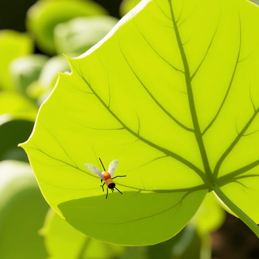 A large green leaf with prominent veins is positioned in the foreground. A single fly with shiny, iridescent wings is resting on the leaf's surface. The sunlight casts soft shadows on the leaf, highlighting its texture and color. In the background, there are blurred hints of vibrant green foliage, suggesting a lush environment filled with life. The scene captures a sense of warmth and tranquility in the bright sunlight.
