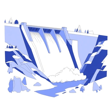 A massive hydroelectric dam towers over a river valley. The dam has a sturdy concrete structure with a series of large, evenly spaced gates that are open, allowing water to cascade down the spillway in powerful torrents. The water splashes energetically at the base, creating a cloud of mist. Surrounding the dam, a rugged landscape features steep cliffs and scattered trees, with the river flowing downstream in the foreground. Above, the sky is vast and clear, highlighting the impressive scale of the dam and the rushing water.