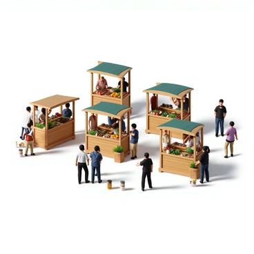 A farmer's market featuring a variety of stalls set at different heights to accommodate vendors and customers of all statures. The stalls are made from wood and are filled with fresh produce, flowers, and artisan goods. Colorful fruits and vegetables are displayed prominently on each stall, with some vendors standing behind their products, engaging with customers. Some stalls are slightly taller, showcasing items like jars of honey and handmade crafts. The scene is bustling with people interacting, with a bright blue sky above casting sunlight on the vibrant market scene.