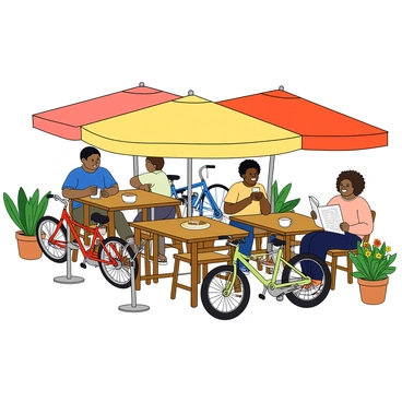 A cozy outdoor café with wooden tables and chairs, set under large colorful umbrellas. There are several bicycles parked in a bike rack nearby, showcasing various colors and styles, including a red cruiser and a blue mountain bike. People are sitting at the tables, engaged in conversation and enjoying cups of coffee. A man with dark hair is reading a newspaper, while a woman with curly hair is laughing with her friend. Potted plants with bright flowers are placed around the café, adding a touch of greenery to the scene.