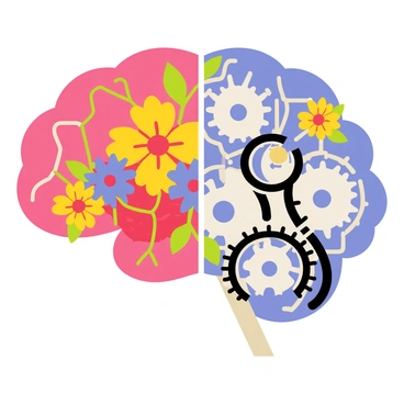 A brain where one half blooms with flowers and the other is composed of mechanical parts