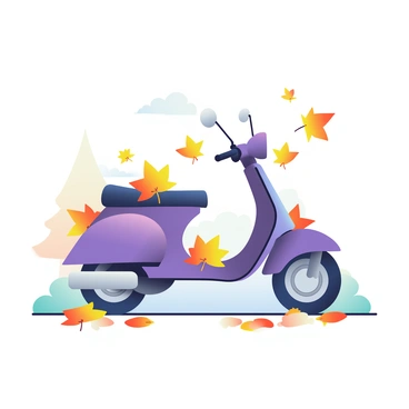 A purple moped surrounded by a cascade of colorful autumn leaves