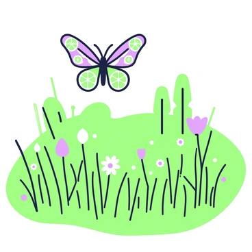 A butterfly with wings that have a "lemon" pattern is flying gracefully over a lush field. The wings are open, showcasing intricate designs resembling lemon slices. Below the butterfly, the field is filled with tall grass swaying gently in the breeze. Various wildflowers of different shapes and sizes are scattered throughout the field, adding texture to the scene. In the distance, a few trees stand against the horizon, providing a backdrop to the vibrant landscape.