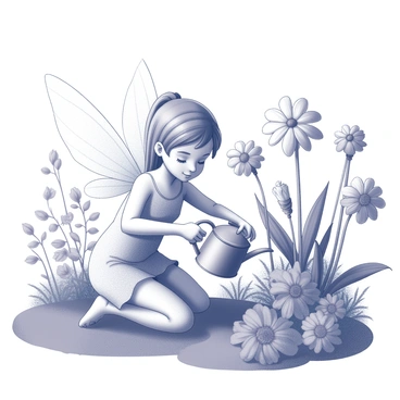 A tiny fairy with delicate wings is kneeling beside vibrant flowers in a magical garden. The fairy has a gentle expression and is holding a small watering can, nurturing the plants around her. The flowers vary in size and shape, with intricate petals and intricate details. The garden is lush with greenery, featuring various plants and foliage that create a natural backdrop. A soft light filters through the leaves, illuminating the fairy as she works diligently among the blooming flowers.