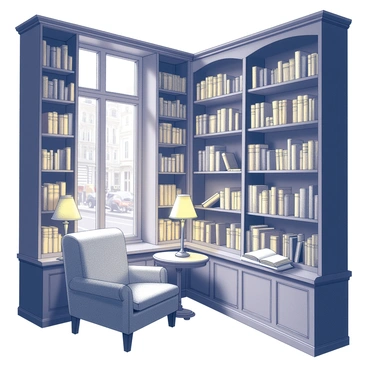 An old-fashioned Parisian bookstore with tall wooden shelves filled with an extensive collection of classic literature. The shelves are lined with leather-bound books, many with gilded titles, creating a sense of history. A cozy reading nook is situated in one corner, featuring a plush armchair and a small, round table stacked with a few open books. The room is softly illuminated by warm, vintage lamps, casting gentle shadows that enhance the inviting atmosphere. A large window at the front showcases the bustling street outside, hinting at the charm of Parisian life beyond the bookstore's doors.