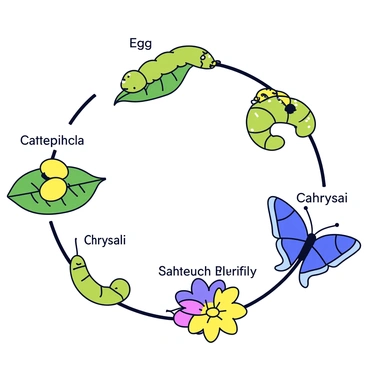 A life cycle chart of a butterfly displayed in four distinct sections. The first section features a cluster of small, oval-shaped yellow eggs on a green leaf. The second section shows a bright green caterpillar with small black dots, munching on a leaf. The third section depicts a chrysalis that is hanging from a branch, showcasing a smooth, green surface with hints of gold. The final section illustrates a fully developed butterfly with vibrant blue wings, perched on a colorful flower. Each section is clearly labeled with its corresponding stage: "Egg," "Caterpillar," "Chrysalis," and "Butterfly."