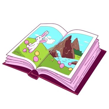 An open storybook with colorful illustrated pages lies on a wooden table. The left page shows a vibrant scene of playful bunnies in a bright green meadow, surrounded by colorful eggs in shades of pink and yellow. The right page depicts a whimsical landscape featuring a giant chocolate rabbit next to a sparkling waterfall of jellybeans. The book's pages are slightly curled, and a soft light illuminates the scenes, creating a captivating atmosphere of an Easter adventure.