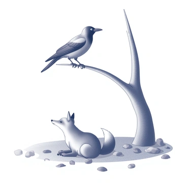 A crow is perched on a low branch of a tree, looking down at a fox sitting on the ground. The crow has shiny feathers and its beak is slightly open as if it is speaking. The fox has a bushy tail and pointed ears, with its head tilted to the side, giving the impression of attentiveness. The surrounding area is filled with fallen leaves and a few scattered rocks, creating a natural setting for their interaction. The crow and the fox are positioned close to each other, suggesting a moment of companionship.