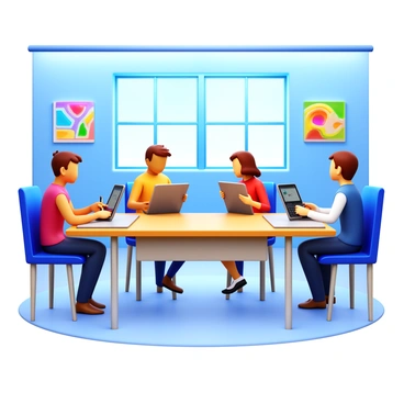 A group of four students engaged in a digital illustration workshop. They are seated at modern desks equipped with large tablets. One student is drawing with a stylus, while another is observing and taking notes. A third student is adjusting the settings on their tablet, and the fourth is sharing their screen with others. The classroom features bright, contemporary decor with large windows allowing natural light to flood the room. The walls are adorned with colorful digital artworks created by students. The atmosphere is focused and collaborative.