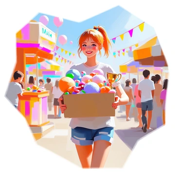Nami visiting a fair, carrying an illustrated box filled with prizes she won from games.