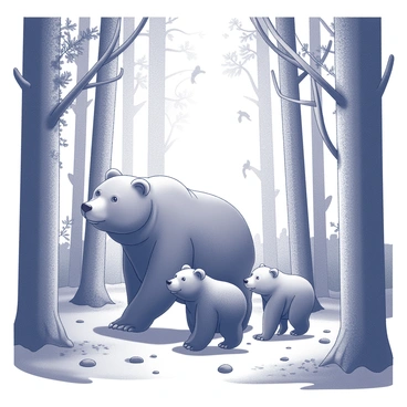 Three bears walking in a dense forest. The largest bear leads the way, followed by a medium-sized bear and a small bear. All three bears are depicted with distinct features, such as their fluffy fur, rounded ears, and gentle expressions. Surrounding them are tall trees with textured bark and foliage, creating a lush environment. The ground is covered with fallen leaves and scattered pebbles, and sunlight filters through the branches overhead, casting shapes on the ground. The bears seem to be enjoying their time in nature, with some birds perched on nearby branches.