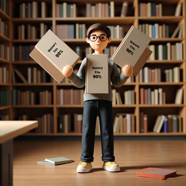 A student with short brown hair, wearing round glasses, is standing in a library surrounded by bookshelves. The student is juggling three large books, each labeled with a different school subject: "Mathematics," "History," and "Science." Each book displays a distinct GPA percentage: "90%," "85%," and "92%." The student has a focused expression, and there are other scattered books on a nearby table. The library has a warm ambiance, with soft lighting illuminating the wooden shelves and floor.