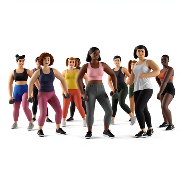 A lively dance fitness session taking place in a well-lit gym. Several participants of diverse ethnicities, including a woman with curly brown hair and a man with short black hair, are energetically moving to the music. They are wearing colorful workout attire, such as leggings, tank tops, and sneakers. Each participant is holding a pair of small dumbbells, which they incorporate into their routines. The atmosphere is dynamic, with some participants smiling and others focused on the choreography. The instructor, a fit woman with a ponytail, leads the group from the front, demonstrating various dance moves.