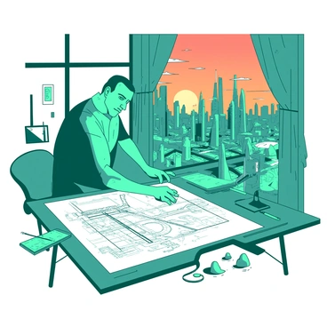 A teal Goliath architect stands tall at a large drafting table surrounded by various drafting tools. The architect is focused intently on detailed blueprints depicting a sprawling, futuristic city filled with towering skyscrapers and advanced transportation systems. The blueprints are covered in intricate designs, showcasing futuristic buildings with unique shapes and features. In the background, there are large windows revealing a vibrant orange sunset that casts shadows across the drafting area, enhancing the atmosphere of creativity and innovation. Various models of futuristic structures are placed around the architect, highlighting the ambitious scale of the city being planned.