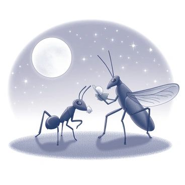 An ant and a grasshopper are sitting side by side on a grassy patch. The ant, with its segmented body and antennae, is holding a small crumb of food in its pincers, while the grasshopper, with long legs and large hind wings, has a small leaf. Above them, a starry night sky is visible, with numerous stars twinkling in the darkness. The moon casts a gentle light over the scene, illuminating the two insects as they enjoy their meal together.