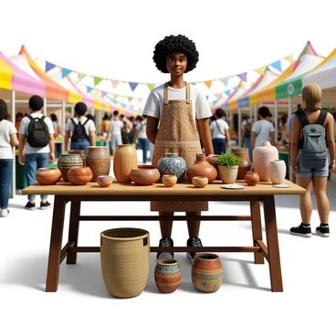 An artist vendor with light skin and curly hair stands behind a wooden table covered with a variety of unique handmade pottery pieces. The pottery includes colorful bowls, vases, and mugs, each with intricate designs and textures. The vendor is wearing a patterned apron and has a friendly smile as they engage with passing visitors. Surrounding the stall are other vendor booths with vibrant displays, and the scene is filled with people exploring the art fair, adding a lively atmosphere. Bright banners and colorful tents can be seen in the background, enhancing the festive environment.