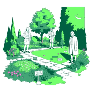 A green garden filled with various vibrant flowers and lush foliage, showcasing statues of Shakespeare in different poses throughout the space. Each statue is made of white stone, capturing intricate details of Shakespeare's attire and expressions. Scattered along winding stone pathways are several plaques, each made of bronze, displaying famous quotes and titles of his works. In the background, a tall tree casts gentle shadows on the garden, enhancing the serene atmosphere. The sunlight filters through the leaves, creating a play of light and shadows across the vibrant flowers.