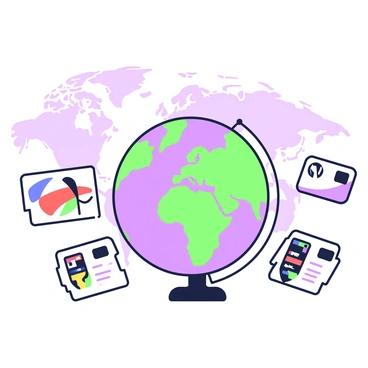A globe is placed at the center of the image, showcasing continents and latitude lines. Surrounding the globe are several ID cards laid out flat, representing different countries. Each ID card features unique designs and symbols associated with its respective nation, and they are arranged in a circular pattern around the globe. The ID cards vary in size and shape, adding variety to the composition. In the background, faint outlines of world maps are subtly visible, enhancing the global theme of the scene.