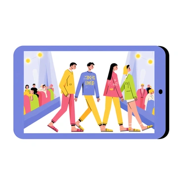 A large digital screen displays a vibrant virtual fashion runway. Models walk down the runway, showcasing illustrated outfits that feature various colors and patterns. The background of the runway includes bright lights and a cheering audience. Each model has a distinctive hairstyle and pose, highlighting the uniqueness of their outfits. The overall scene is lively, capturing the excitement of a fashion show.