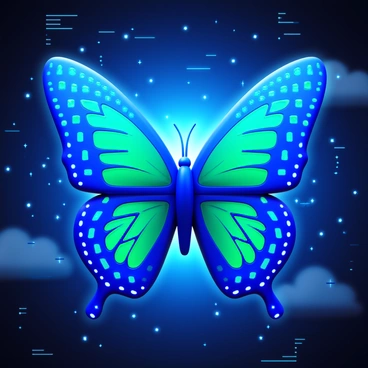 A butterfly with vibrant wings featuring intricate circuit patterns in shades of blue and green. The butterfly is mid-flight, showcasing its wings fully spread. The background depicts a digital sky filled with pixelated clouds and glowing data streams, creating a high-tech atmosphere. The light from the digital sky reflects off the butterfly's wings, enhancing the circuit-pattern details.