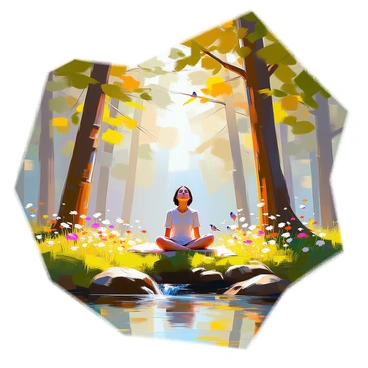 A tranquil forest glade with a person sitting peacefully, inhaling the crisp air