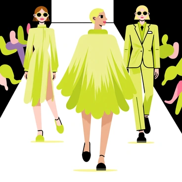 A fashion runway scene featuring models walking confidently. Each model is wearing an outfit that incorporates various shades of green, reminiscent of celery, with textures mimicking the vegetable's smooth and crisp appearance. One model is showcasing a dress with layered green ruffles that resemble celery stalks, while another is in a fitted suit adorned with geometric patterns echoing the celery's shape. The runway is lined with bright lights, highlighting the unique designs and the vibrant colors of the outfits.