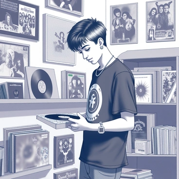 A young man with a distinct e-boy style is browsing through a collection of vintage records in a retro record store. He has dyed black hair with a silver streak and is wearing a graphic t-shirt, distressed jeans, and accessories like chains and earrings. The record shelves are densely packed with vinyl records of various genres. He is holding a record in his hand, inspecting the cover closely. The walls of the store are adorned with several vibrant posters featuring classic bands and artists, showcasing a nostalgic atmosphere. The overall ambiance captures the essence of a lively music enthusiast's haven.
